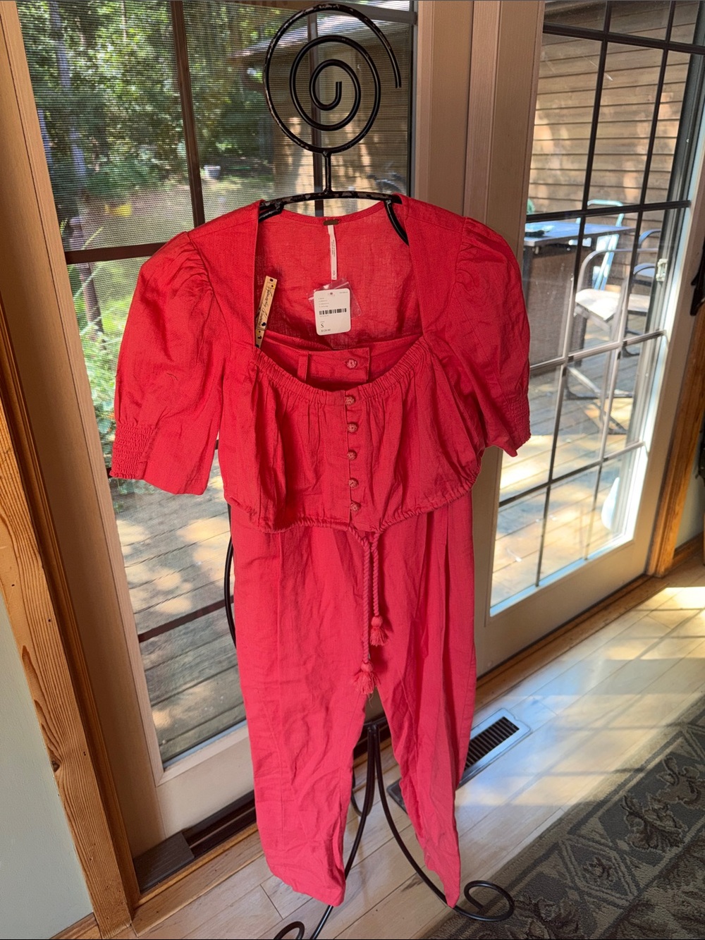 Free People Coral-Pink Lightweight 2 pc Pant & Crop Top Set Sz S NWT
